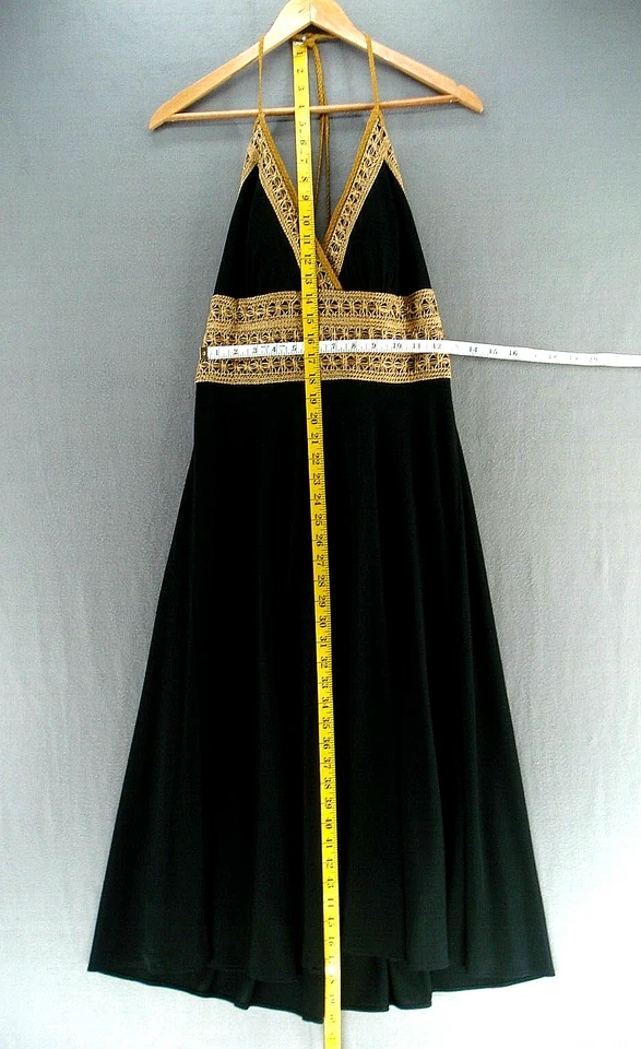 Vestido Phoebe Couture para mujer 8 negro crepé dorado bordado cuello en V halter midi Foto 3 de 4