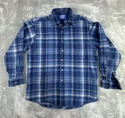 Pendleton Wool Shirt Men L Blue Plaid 100% Virgin Wool Outdoor Winter Vintage