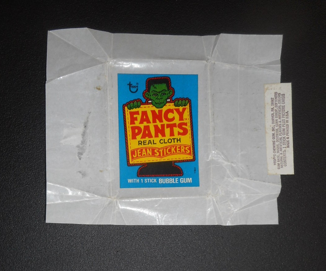 T-85-5 1975 FANCY PANTS STICKERS (TEST) WAX WRAPPER TOPPS *FRANKENSTEIN MONSTER*