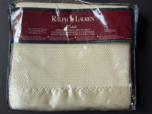 RARE NEW! Vintage RALPH LAUREN *TWIN ACRYLIC Thermal Bed BLANKET Cream Satin NWT