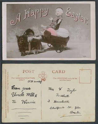 Katze Kätzchen Puppe auf Spielzeugwagen Frohe Ostergruß 1920 alte Echtfoto Postkarte