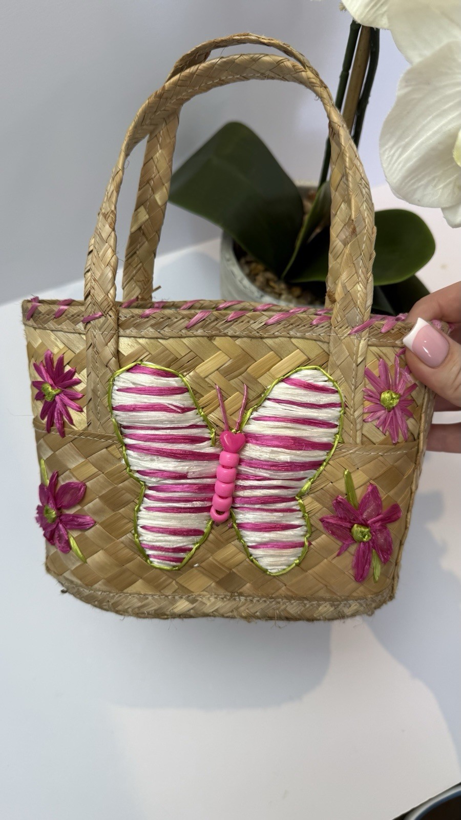 Handmade Mini Straw Tote with Butterfly & Floral Design - Perfect Beach Bag  