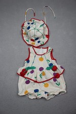 Vintage Bubble Romper Set Girls 9-12 Months Multicolor Fruit Hat Ruffle 80s