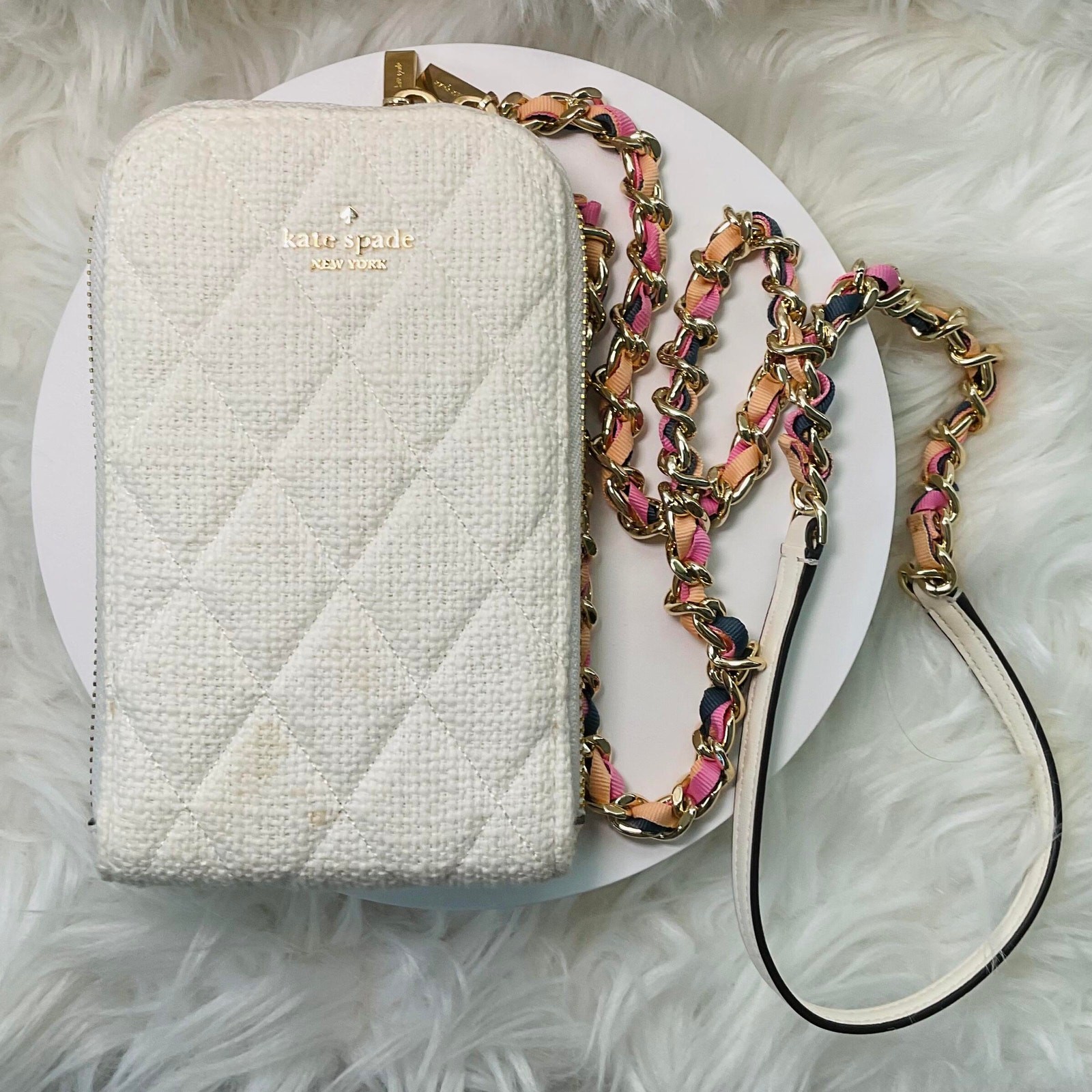 $299 Kate Spade Quilted Tweed Fabric Phone Chain Crossbody Ivory White Pink  thumbnail 3