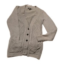 Vtg Heavy Chunky Cable-knit Cardigan Fisherman Cottage Preppy Long Gray Sz M