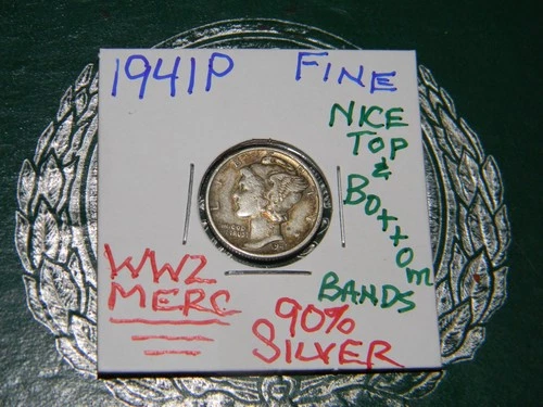 1941 P Mercury 90% Silver{FINE} WWII Dime, Nice Bands, Top & Bottom-Nice Wings