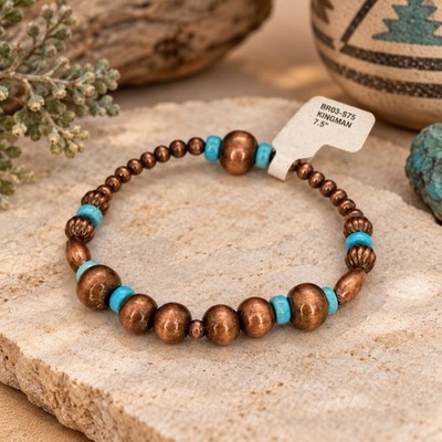 Kingman Turquoise Copper Bead Bracelet Stretch Southwestern Artisan NWT
