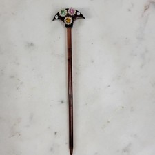 Vintage Bakelite Hair Stick 6" Brown Rhinestones Pearls