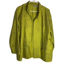 Chicos 100 Silk Embroidered Jacket Size 2/L Chartreuse Art to Wear Lagenlook