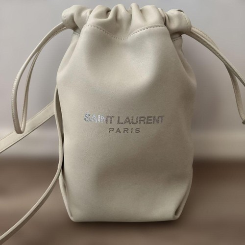 YSL Saint Laurent Drawstring Shoulder Bag White Leather Chain Strap Women's