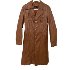 Vintage 70s Cognac Brown Leather Trench Coat Long Belted Jacket 38 Retro Disco