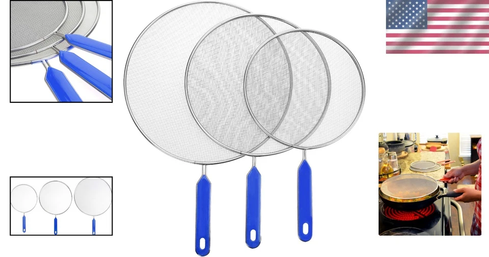 Juego de 3 pantallas de salpicaduras de acero inoxidable protector de grasa para malla de sartén Foto 2 de 4