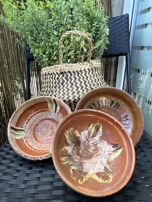 Set 3 x Vintage Handarbeit Studiokeramik Terrakotta Ton verziert Salatschüsseln