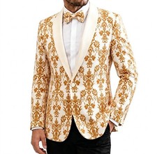 Men White  Gold Damask Tuxedo Jacket Shawl Lapel Blazer Wedding Party Prom Suit