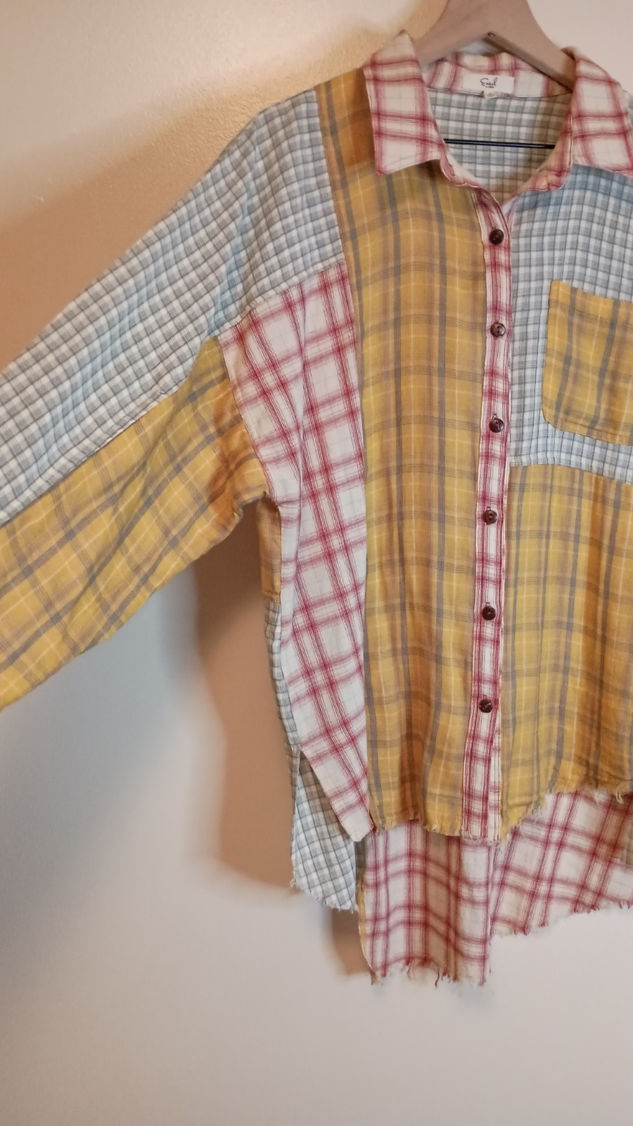 Easel Patchwork Plaid Button Down Boho Oversized … - image 2