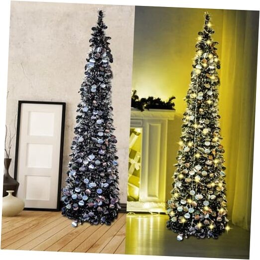 5ft Pre-Lit Black Artificial Christmas Tree with 50 LED Lights and Pop-Up Sequins Design
