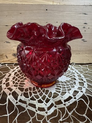 Vintage Fenton Art Glass Diamond Star Pattern Ruby  Rose Bowl Vase Ruffled Top