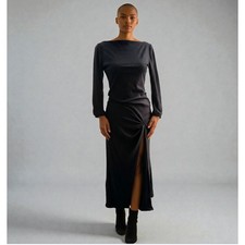 Reformation Boat Neck Black Ribbed Midi Dress Small Long Sleeve Ruched Slit
