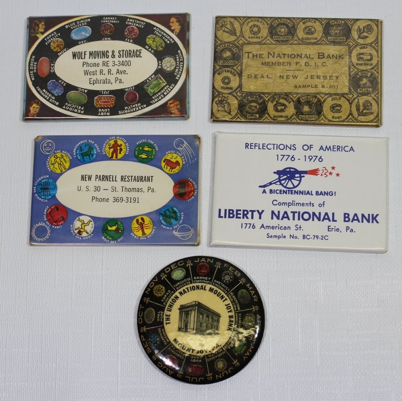 5 Vintage Advertising Celluloid Pocket Mirror Birthstone Zodiac Bank Canon Lot 1