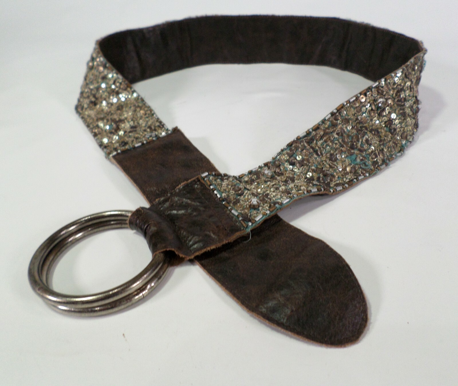 Hollister Rhinestone Sequin Bling Leather Belt in Blue Green Size 38 Medium Large-image