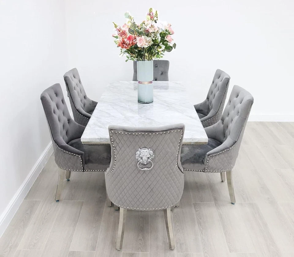 Marble Dining Table with 6 Charis Set Gloss Finish 1.8m Grey Mirrored Lion Head - Image 3 of 4