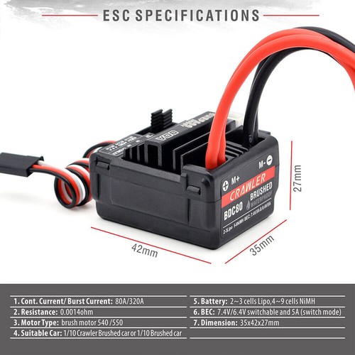 SURPASSHOBBY 80A Brushed ESC for 3-Slot 550 Motor fr RC Car Wltoys 144001 124019 - Picture 4 of 11