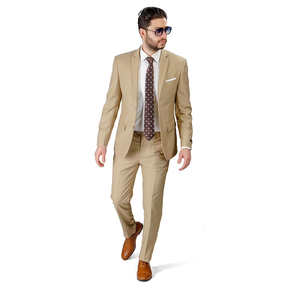 Tan Beige Slim Fit Men Suit 2 Button Notch Lapel Azar Man Vest Optional 4030-10 - Image 2 of 4