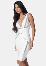 NWT Bebe Sz XS Plunge V-Neck Bandage Metallic Sequin Midi Dress SALT1752 189
