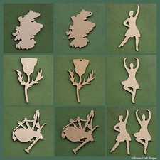 Wooden Scottish shape, thistle blank, Scotland map tag, bagpipe, Highland dancer