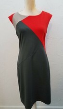 MAX AND CLEO WOMENS SZ 6 GRAY GREEN COLORBLOCK KNIT SHEATH DRESS KEYHOLE BACK 