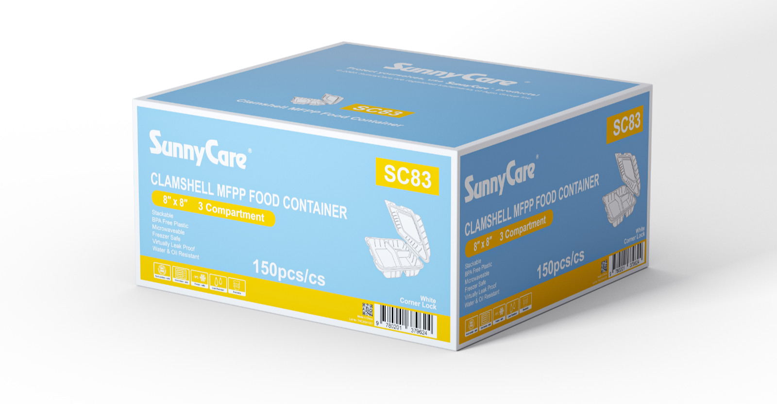 Sunnycare Clamshell MFPP Hinged Container Disposable 8X8, 3 COMPT, White, 150ct