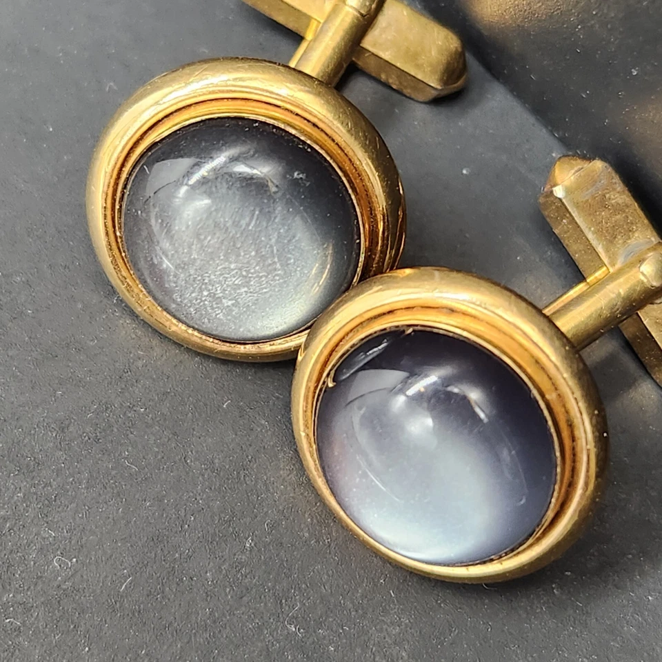 Vintage Swank Gemelos Hombre Gris Lunar Redondo Tono Dorado Bala Espalda Formal Foto 3 de 4