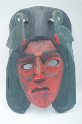 Vintage Hand Carved Wooden Guatemalan Mask of Tecun Uman, w/Quetzal birds