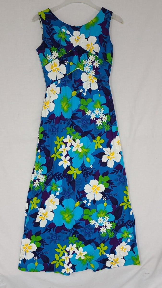 Vintage 70s Penneys Hawaii Sleeveless Maxi Dress Blue Floral