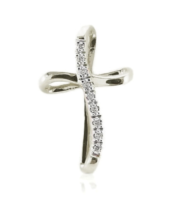 10K White Gold Diamond Cross Pendant Ribbon Loop Religious Faith Jewelry .05ct