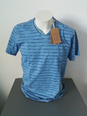 REDFIELD T-Shirt V Kragen Gr. L 52  Blau mit Brusttasche gestreift Washer
