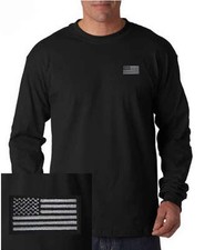 US Blacked out American Flag/Military EMBROIDERED Black Long Sleeve T-Shirt