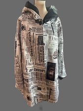 Reversible Pleated Hood Satin Coat With Newspaper Black & White Design Women’s L