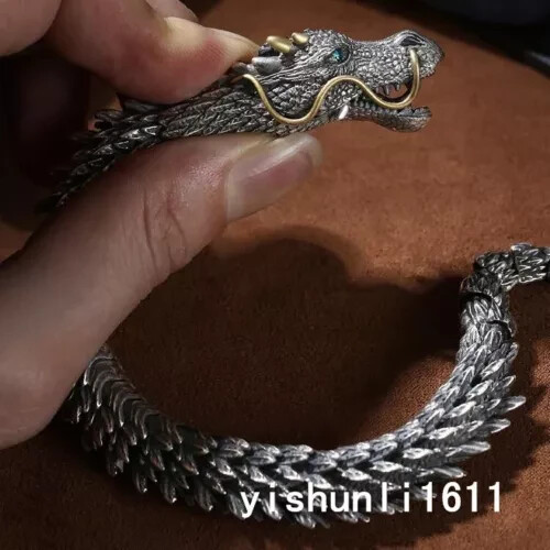 S925 Sterling Silber Band Herren Damen Glücksgeschenk geschnitzt Drachenarmband - Bild 3 von 13