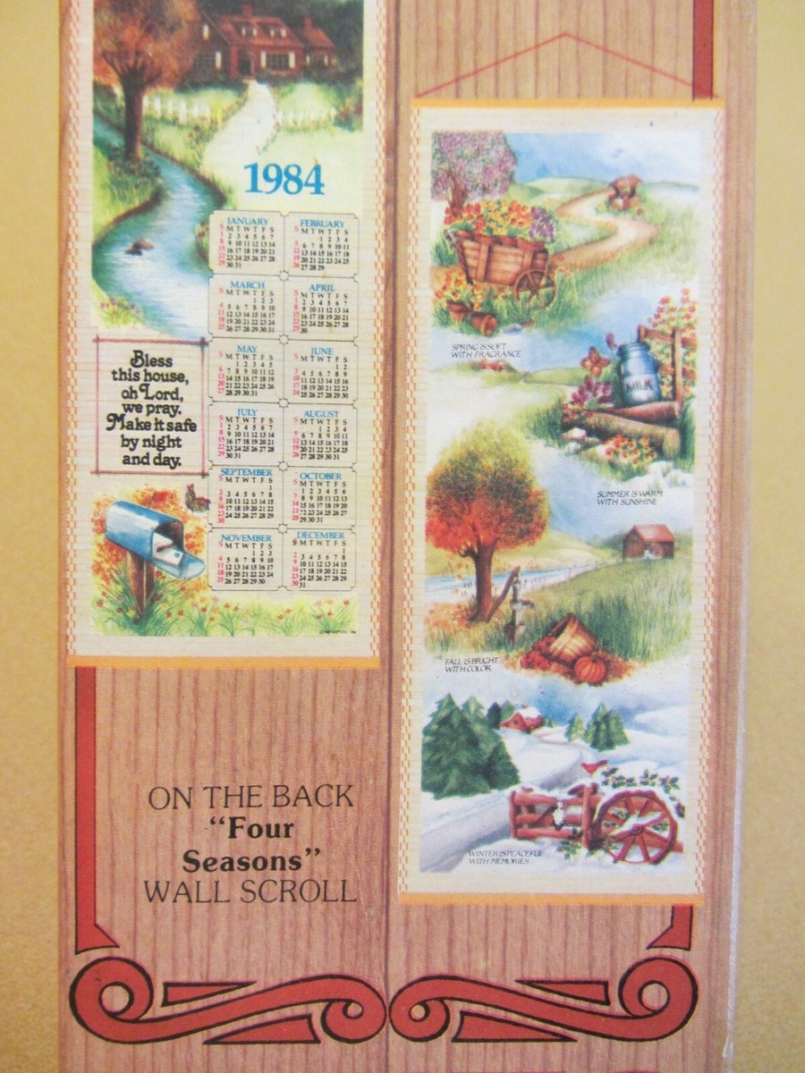 Vintage Reversible Wooden Wall Scroll 1984 Calendar ~ 32