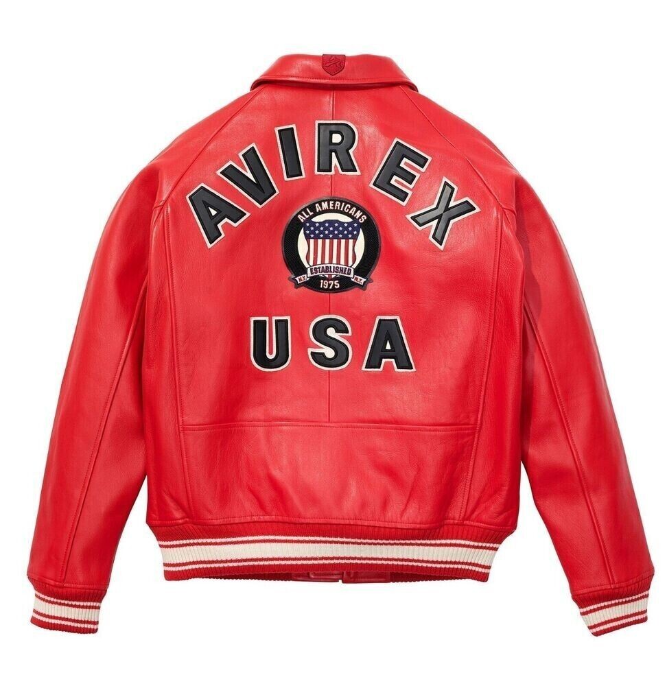 Men's Avirex Red Real Bomber American Flight Jacket Leather