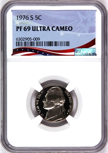 1976 S Proof Jefferson Nickel, Graded PF69 Ultra Cameo NGC * OSR Patriotic Label