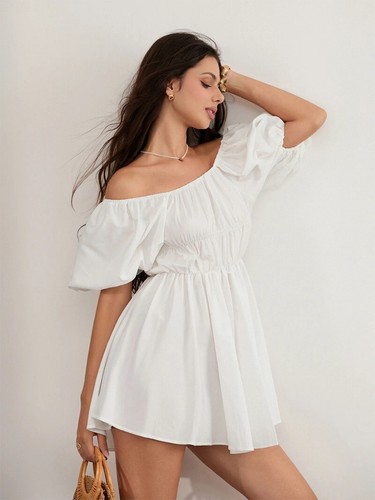 Women Casual Summer Dress Fashion Sexy Solid Color Elegant Short Puff Sleeve Off - Foto 14 di 27