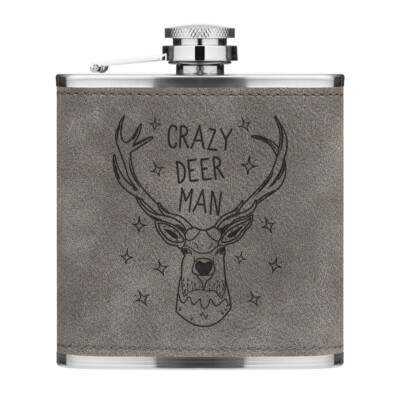 Crazy Deer Man 6oz PU Leder Flachmann grau lustig Hirsch Witz Tier