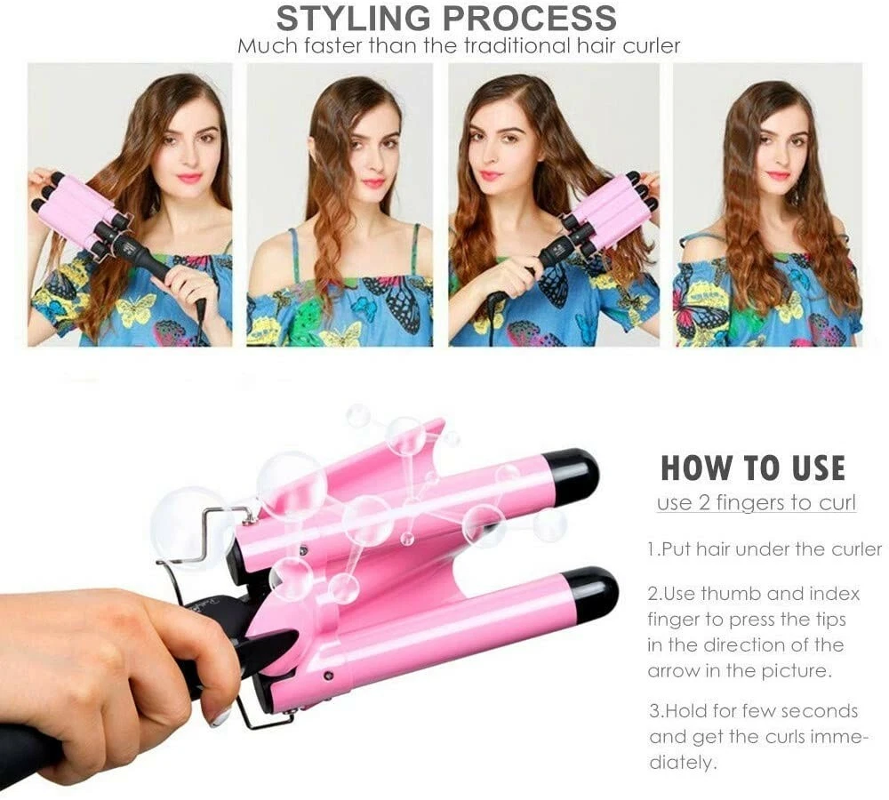 3 Barrel Curling Iron Wand 1 inch Ceramic Tourmaline Triple