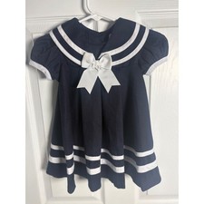 Kids Navy Blue Sailor Dress White Trim Bow Short Sleeve