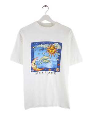Vintage 90s Dolphin Sun Moon Print Damen T-Shirt Weiß XL