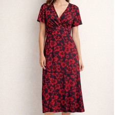 Chaps Red Floral Wrap Style Midi Dress Short Sleeve V-Neck Women's L