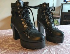 Women's Black Lace-Up Platform Ankle Boots Faux Leather Buckle Eyelets 8