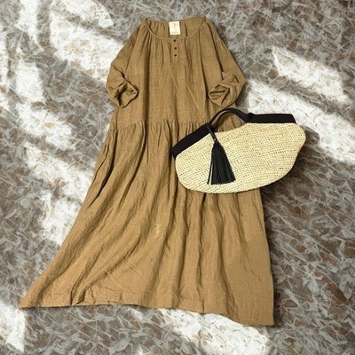 ICHI Antiquites Linen Gathered Dress Beige Long Loose Fit Japan F/S